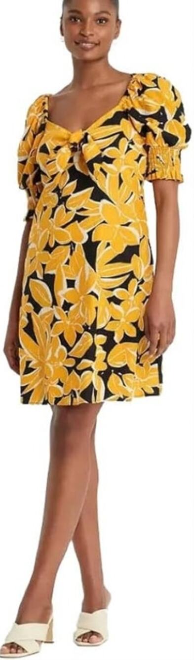 Who What Wear Floral Linen Blend Dress Medium Yellow Black Tie Front